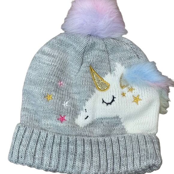 Toddler Kids Cute Winter Knit Unicorn Rainbow Pompom Beanie Hat - Picture 3 of 4
